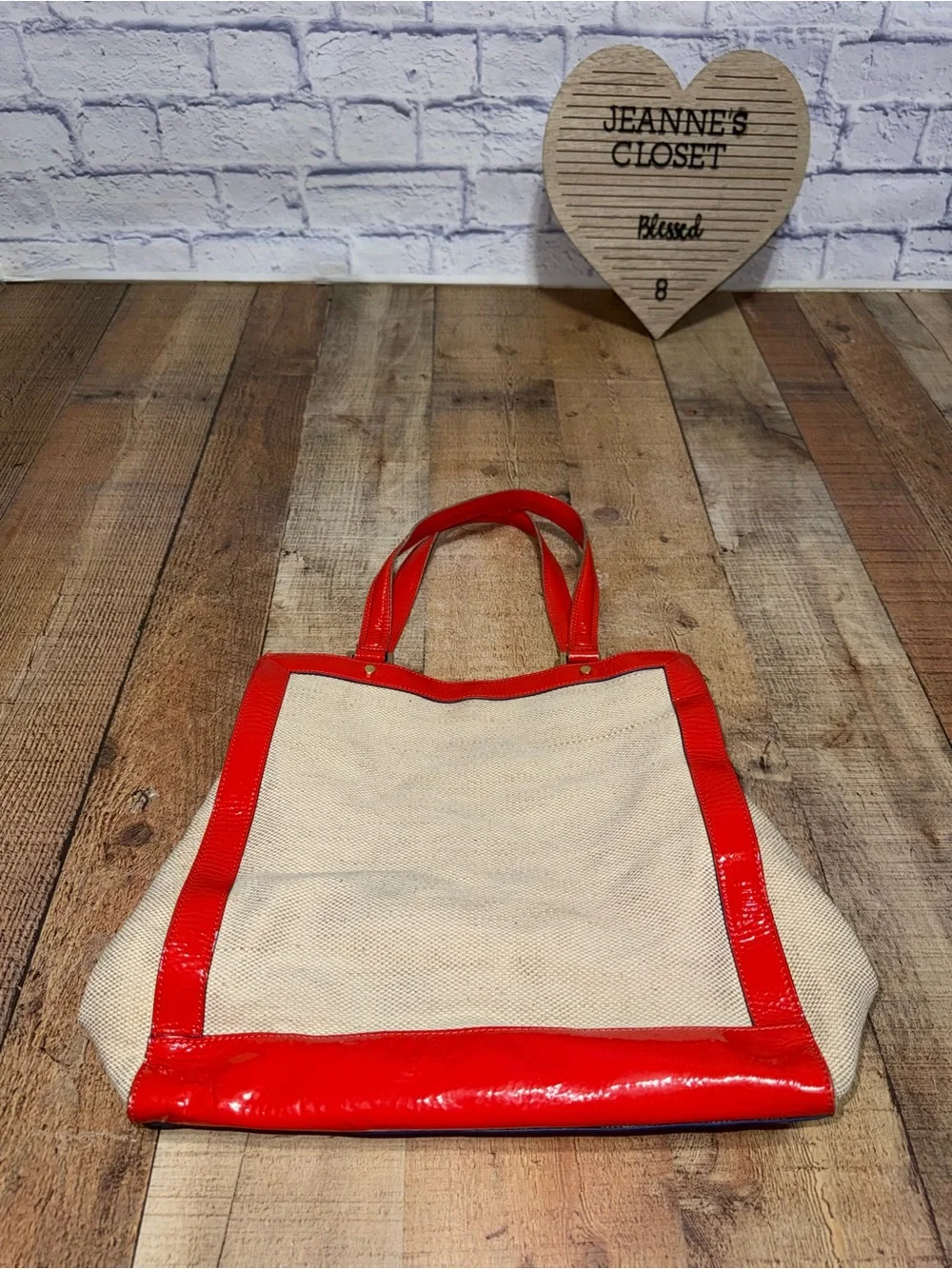Jonathan Adler Red Patent Leather Trim Linen Cotton Canvas Geometric Tote Bag